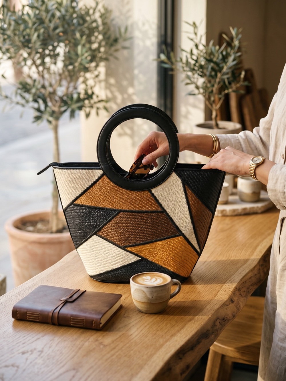 Vintage Le Sac Patchwork Woven Straw, Geometric Color Paneled Bag - Picture 14 of 14